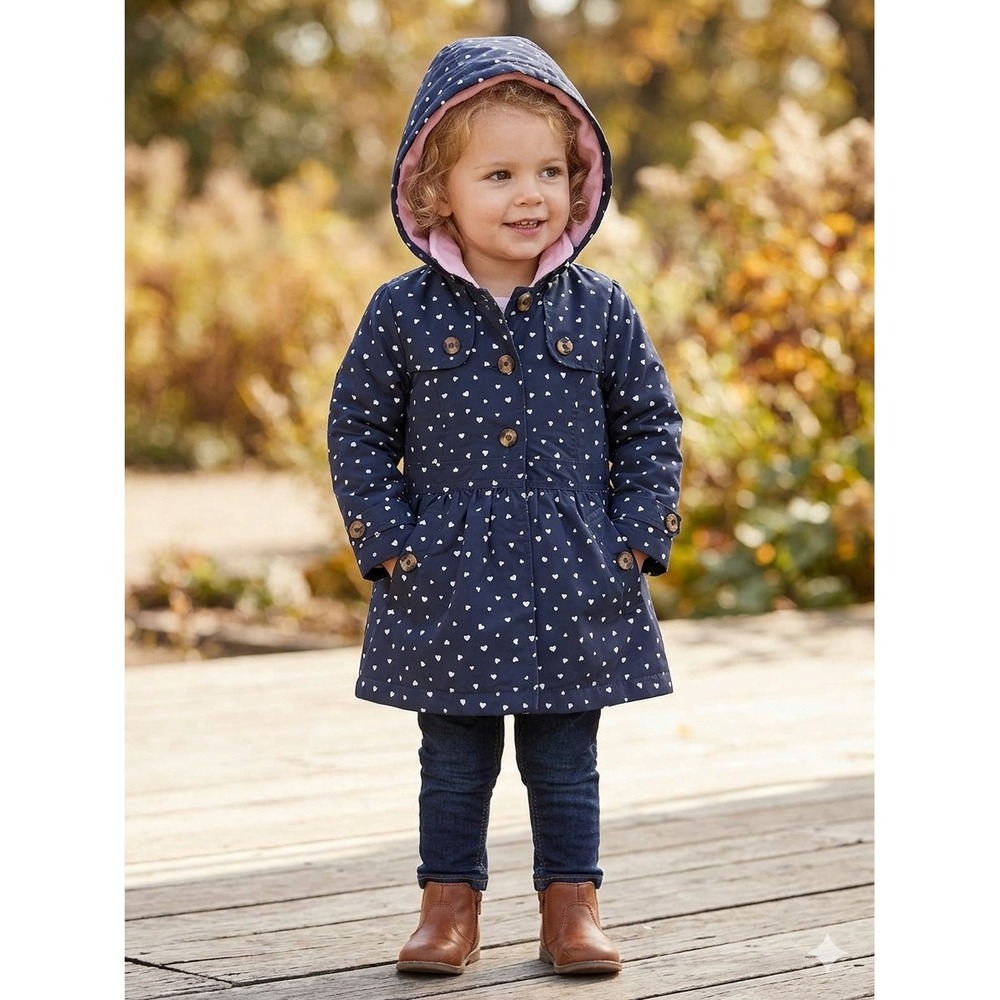 OshKosh Bgosh Girls Navy Blue Heart Print Hooded Trench Coat Jacket 4T